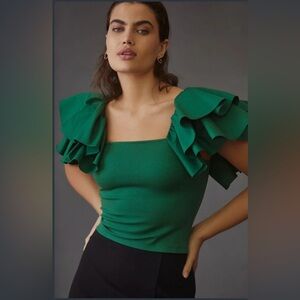 Sunday in Brooklyn Green Ruffle Sleeve Square Neck Top XL